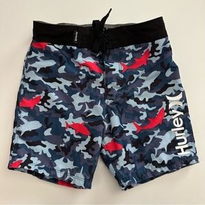 Hurley Boys Board Shorts Blue Camo Red Sharks Size 4